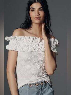 Anthropologie Maeve Off Shoulder Ruffle White Short Sleeve Smocked Top Medium